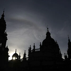The Cathedral of Santiago de Compostela is seen during sunset in Spain