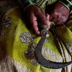 Chhaya Kharade, 36, an unemployed farm labourer poses with her sickle inside her house