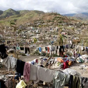 Clothes hang in an area destroyed by Hurricane Matthew in Les Anglais, Haiti Clothes hang in an area destroyed by Hurricane Matthew in Les Anglais, Haiti