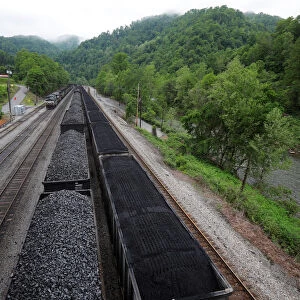 Coal sits in train cars on tracks in Grundy, Virginia
