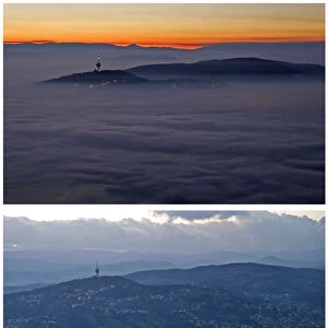 A combination picture shows a Sarajevo TV tower as smog blankets Sarajevo