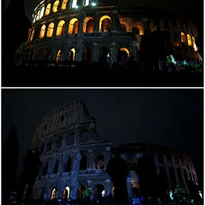 A combination picture shows a view of the ancient Colosseum before