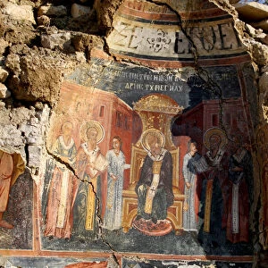 A damaged fresco is pictured in The Orthodox Church of Saint Athanasios in Leshinca