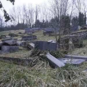 Desecrated tombstones are seen at the Sarre-Union Jewish cemetery, eastern France