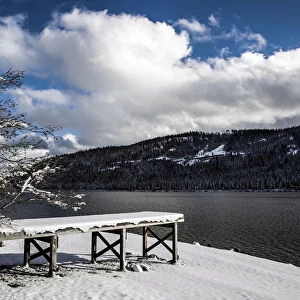 A dock stands dry on drought-stricken Donner Lake near Truckee, California