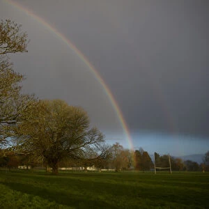 A double rainbow is seen in a football pitch on the border between County Fermanagh