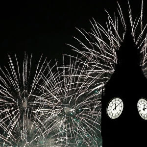 Fireworks explode by the Big Ben clocktower in London