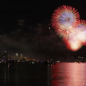 Fireworks explode over the Hudson River and the skyline of New York during the Macy s Fireworks explode over the Hudson River and the skyline of New York during the Macy s