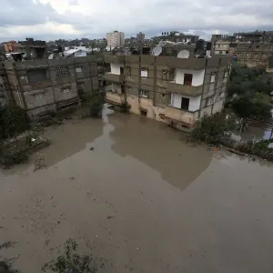 Flooded houses are seen following heavy rains in Rafah in the southern Gaza Strip
