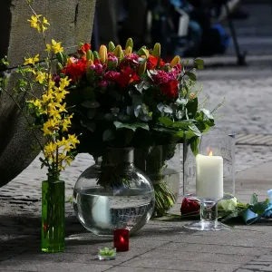 Flowers are seen on the site where on April 7 a man drove a van into a group of people Flowers are seen on the site where on April 7 a man drove a van into a group of people