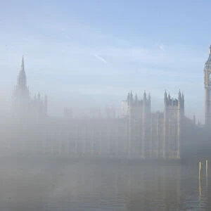 Fog clears around the Houses of Parliament in central London