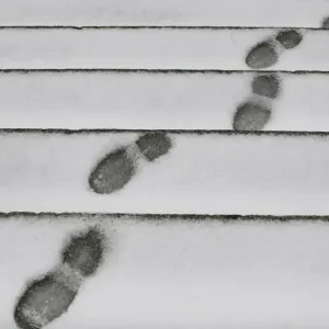 Footprints can be seen on the snow outside Madrids Almudena Cathedral as freezing Footprints can be seen on the snow outside Madrids Almudena Cathedral as freezing