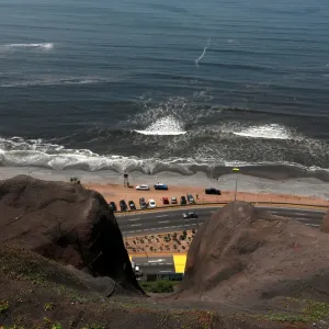 A general view shows vehicles along the beach in Lima, ahead of the papal visit in Peru