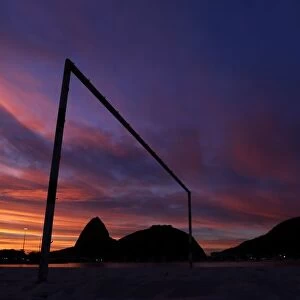 A goal post is seen on Sao Conrado beach in Rio de Janeiro