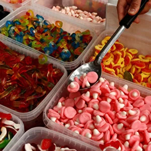 Gums and sweets are seen on a confectionary retail stand during an agricultural fair at