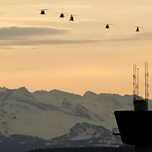 Helicopters approach to land before the arrival of U. S. President Trump at Zurich airport