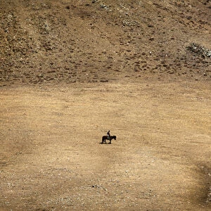 A herder rides a horse on grasslands located around 200km (62 miles) south-west of