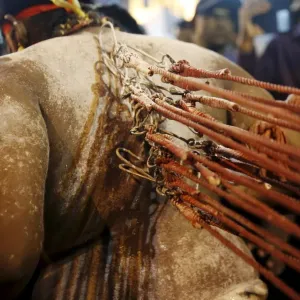 A Hindu devotee, who has metal hooks attached to his back