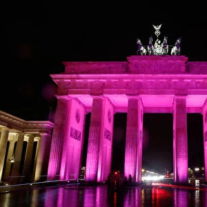 Illuminated Brandenburger Tor gate is pictured during a rehearsal for upcoming festival