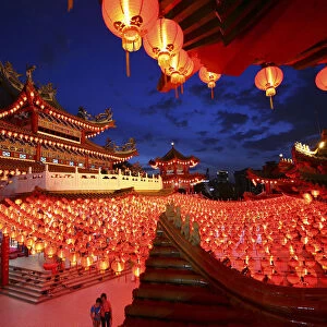 Lanterns are hung in a Chinese temple ahead of Chinese New Year celebrations in Kuala