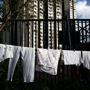 Laundry hangs out to dry in a residential apartment complex in Hong Kong