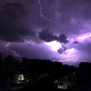 Lightning strikes over Chacarita neighborhood during a thunderstorm in Buenos Aires