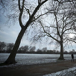 A man walks through Hyde Park after a light snow fall in London
