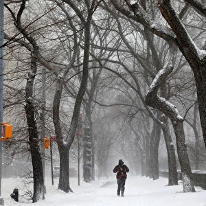 A man walks in the snow next to Central Park along 5th avenue in upper Manhattan during