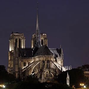 The Notre-Dame de Paris cathedral is illuminated in Paris
