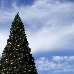 An outdoor artificial Christmas tree is displayed at a shopping center in San Diego
