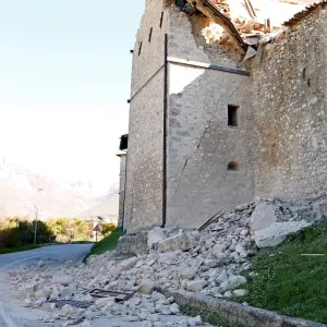 A partially collapsed building is seen following an earthquake in Norcia