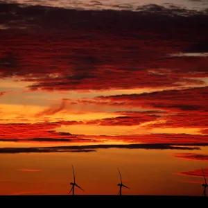 A power-generating windmill turbine is pictured during sunrise at a wind park in A power-generating windmill turbine is pictured during sunrise at a wind park in