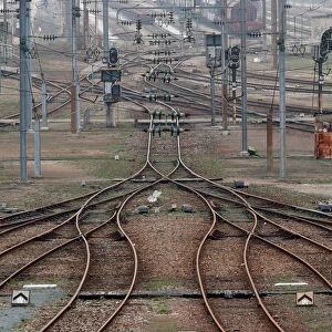 Empty railway tracks are seen at a marshalling yard in Sotteville-Les-Rouen