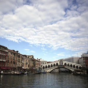 Rialto Bridge is seen on a empty Grand Canal in Venice