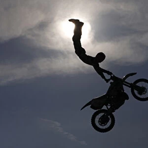 A rider performs on his motorcycle during FMX Jam, a freestyle motocross event, in Prague