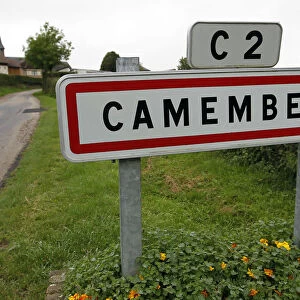 The road sign marking the entrance of Camembert village in northwestern France