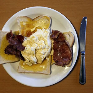 Scrambled eggs and bacon on toast is seen at a roadside cafe along the A59 near Sawley