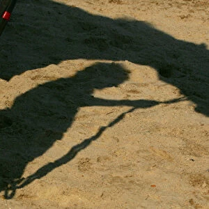 A shadow of horse and stable assistant is cast on the ground inside Tuen Mun Public