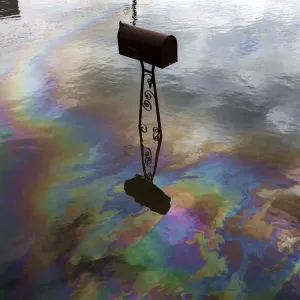 A sheen caused by spilled fuel shines on water left in a street by the storm surge of A sheen caused by spilled fuel shines on water left in a street by the storm surge of