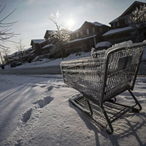 A shopping cart is frozen over, after an ice storm in Toronto