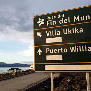 A sign indicates the way to the city of Puerto Williams in Chile