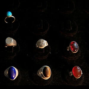 Silver rings are seen for sale at a shop in Islamabad