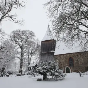 Snow covers the trees in the cemetery of a church in the village of Dersekow in northern Snow covers the trees in the cemetery of a church in the village of Dersekow in northern