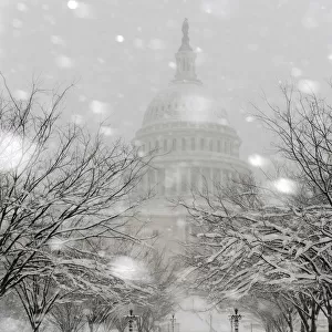 Snow falls on the grounds of the U. S. Capitol as a blizzard blankets Washington
