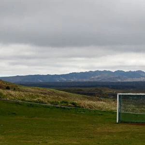 A soccer goal is pictured in Hafnarfjordur