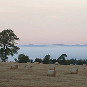 Straw bails are seen in a field on a misty autumn morning near Glamis in Angus, Scotland