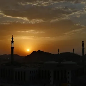 The sun sets over Namirah mosque on the plains of Arafat during the annual haj pilgrimage The sun sets over Namirah mosque on the plains of Arafat during the annual haj pilgrimage