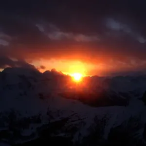 Sunset is seen over the Dolomite Mountains around Cortina D Ampezzo