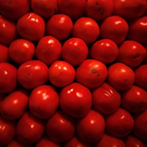 Tomatoes are displayed at a vegetable stall in La Merced market, downtown Mexico City