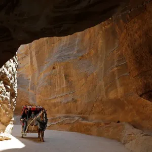 Tourists sit in a horse-drawn cart during a tour in the ancient city of Petra, south Tourists sit in a horse-drawn cart during a tour in the ancient city of Petra, south